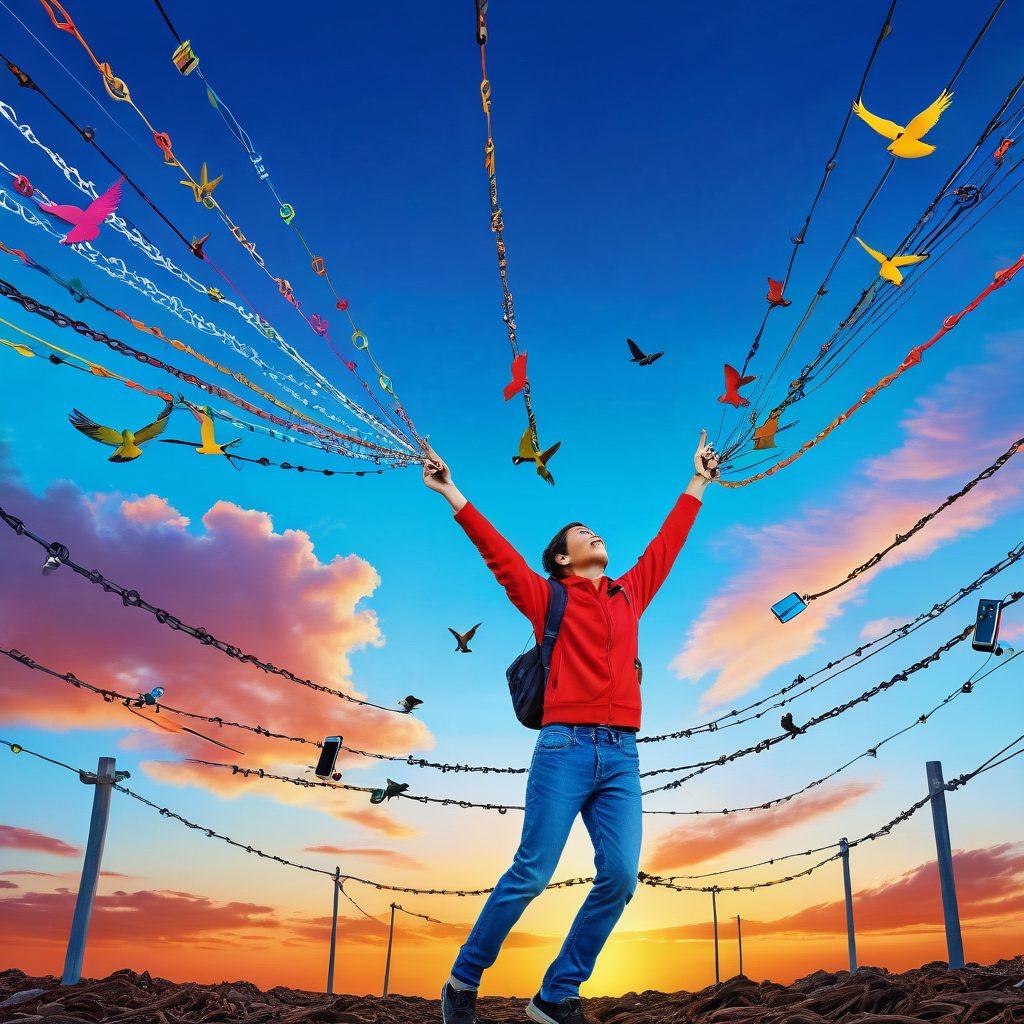 A vibrant digital landscape showcasing a person joyfully breaking free from chains made of mobile phone cables. Surrounding them are iconic elements of mobile liberation like unlocked phone padlocks, flying phones transforming into birds, and a bright sky suggesting limitless possibilities. The design sparks a feeling of liberation and freedom in the digital age. colorful pop art style.
