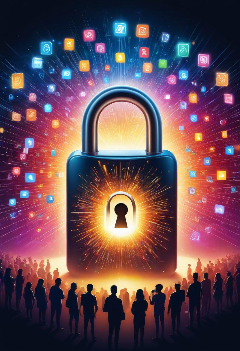 An open padlock surrounded by various smartphone icons showcasing different unlocking techniques. Bright rays of light emanating from the padlock, symbolizing freedom and potential. A diverse group of people in the background, each with a smartphone, expressing joy and excitement. Vibrant colors with a tech-savvy feel. vector art. energetic composition.