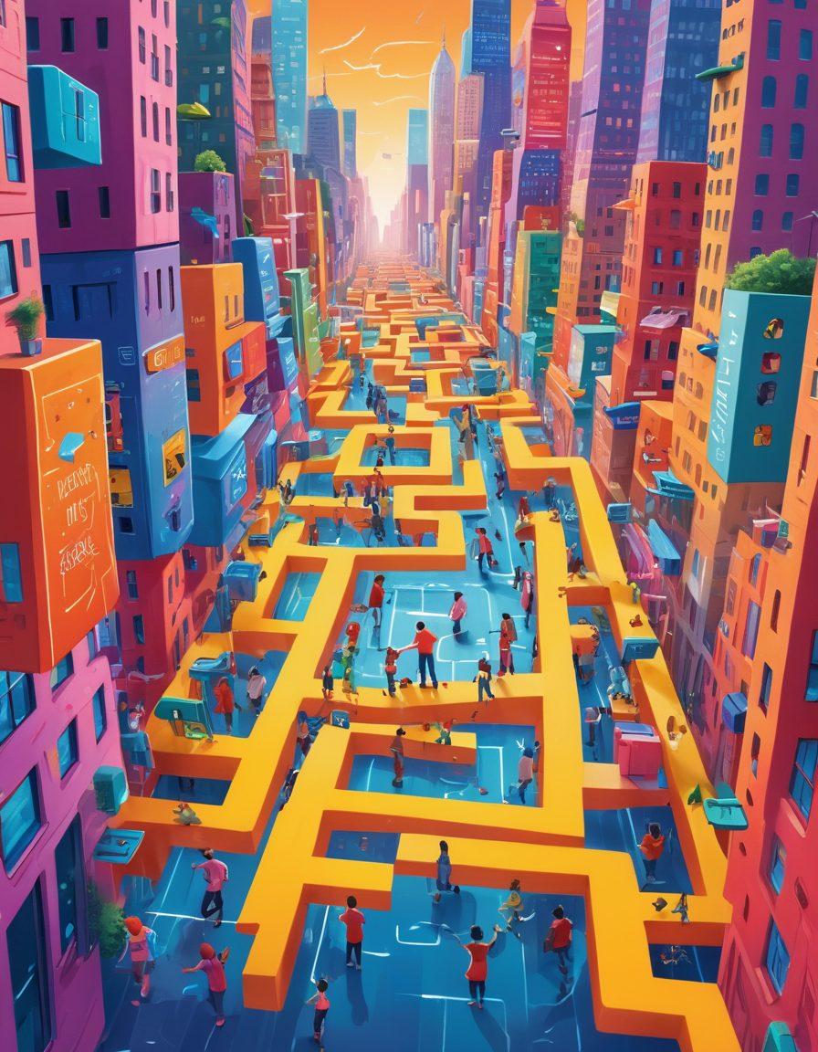 A whimsical illustration of a person joyfully navigating a maze made of various smartphones, surrounded by colorful signs displaying tips and tricks for cell phone liberation. Bright smartphones float around, while cartoon-style tools and icons represent various functionalities. The background is a vibrant cityscape, symbolizing the modern digital world. The overall tone is fun and engaging, appealing to tech enthusiasts. vibrant colors. cartoon style.